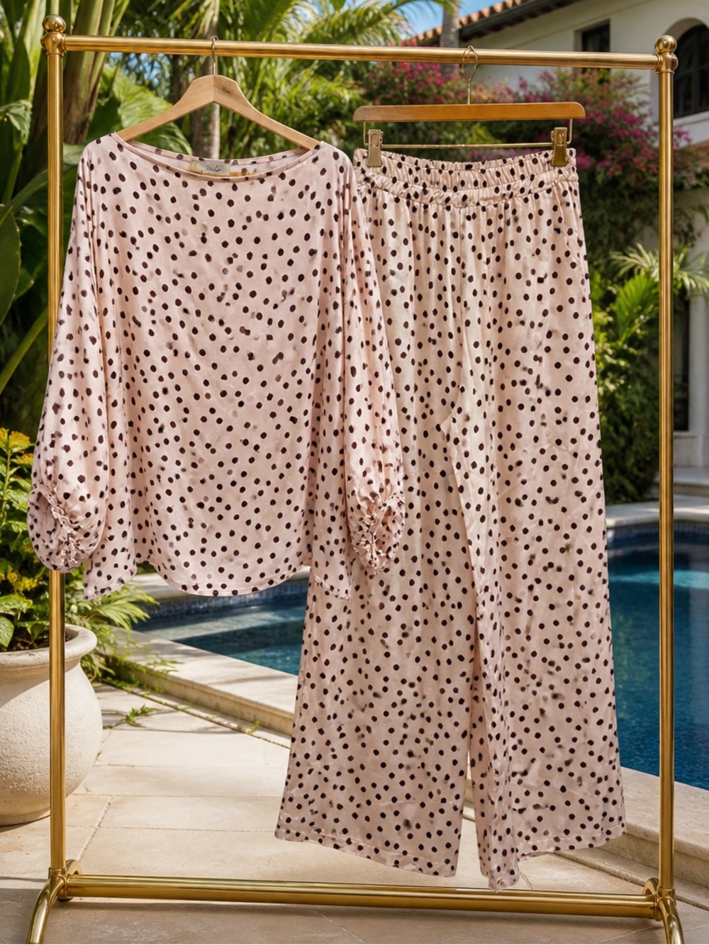 Made in Italy Polka Dot Oversized Satin Top & Wide-Leg Pants Set OS